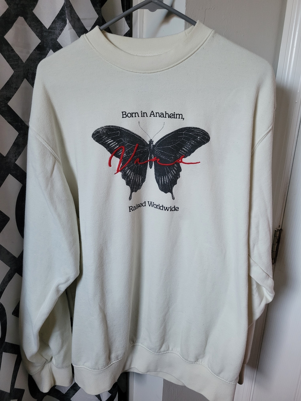 Vans Cream Crewneck with Black Butterfly and Red Script